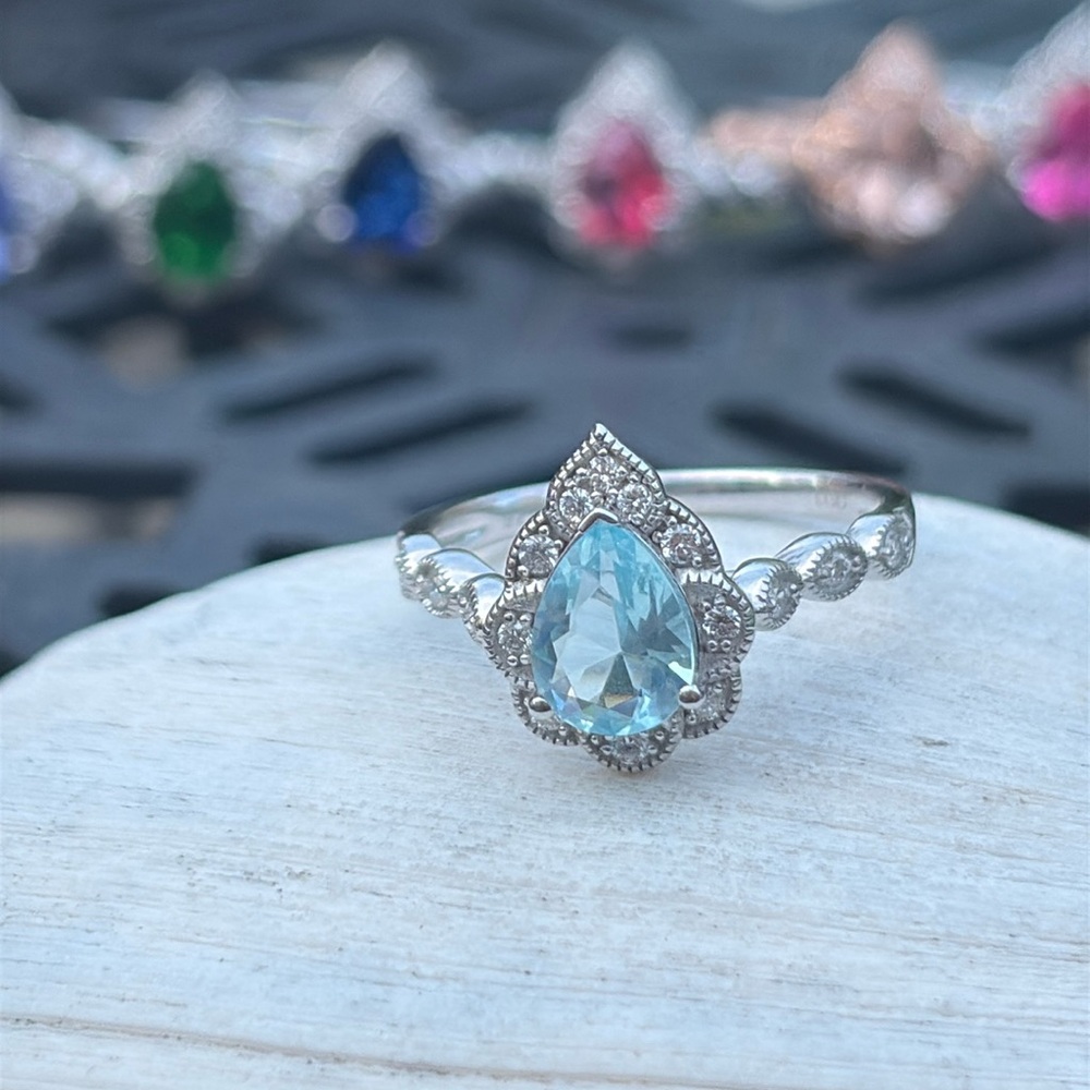 Pear Cut 1.25 tcw Genuine Aquamarine & Diamond Ring Sterling Silver Size 7 - Picture 8 of 13